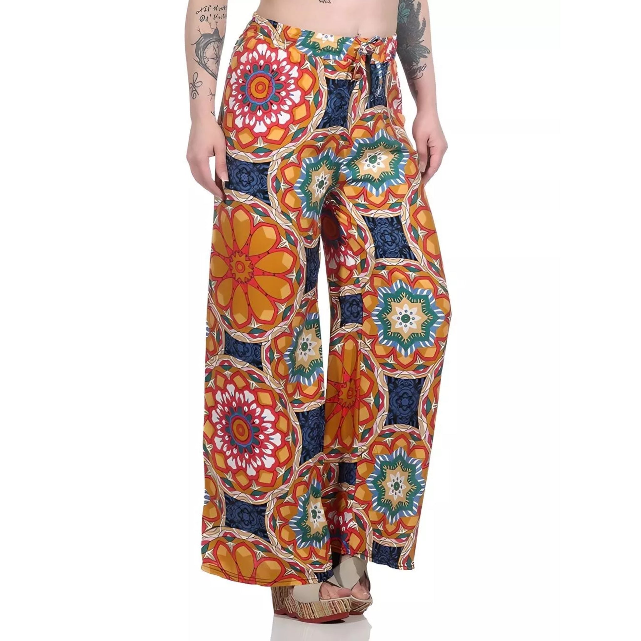 Ladies loose fit palazzo trousers wide leg boho style pants with multicolour floral mandala print high waist drawstring summer fashion
